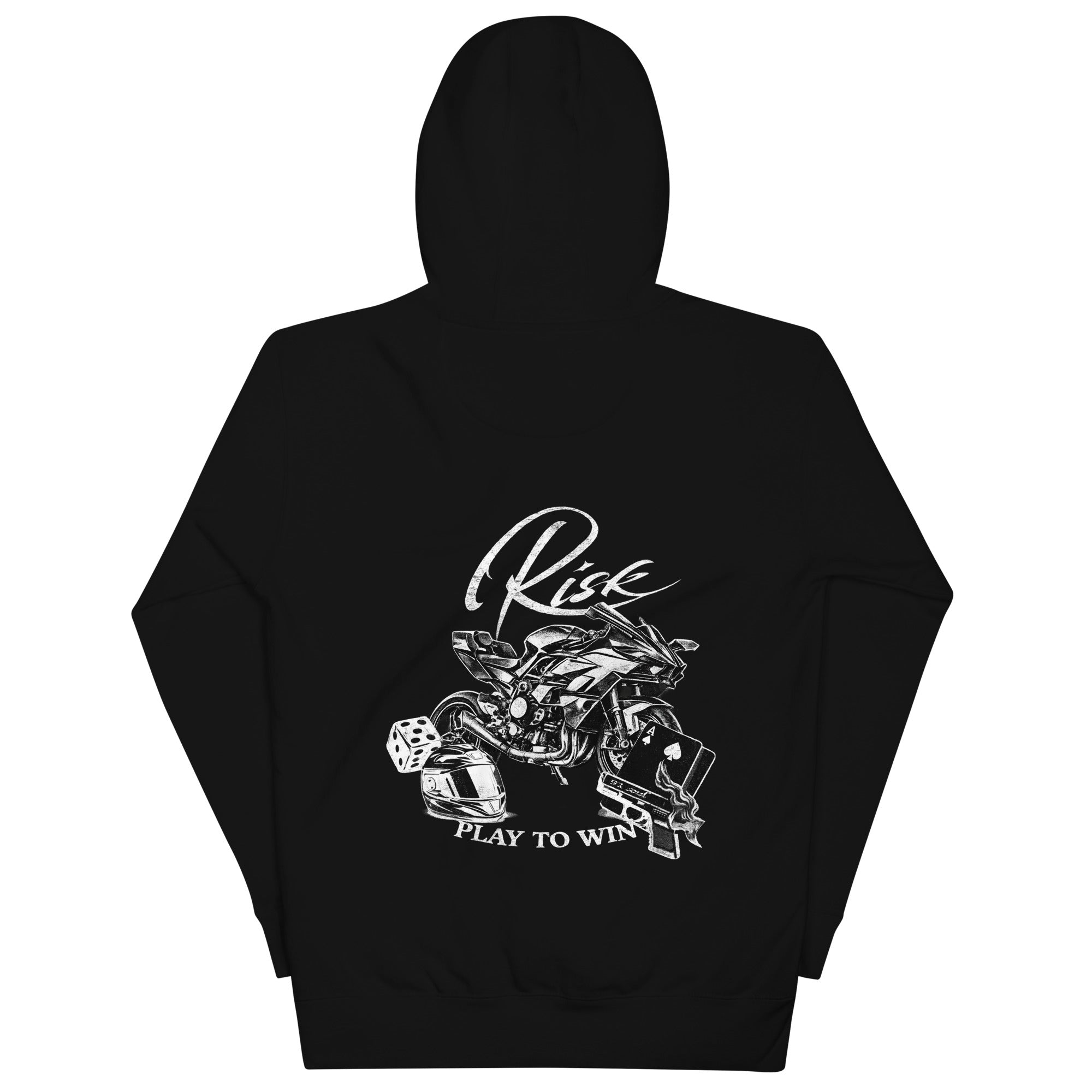 RISK IT HOODIE featuring a stylish design with 'Rise' and 'Play to Win' graphics on a black background.