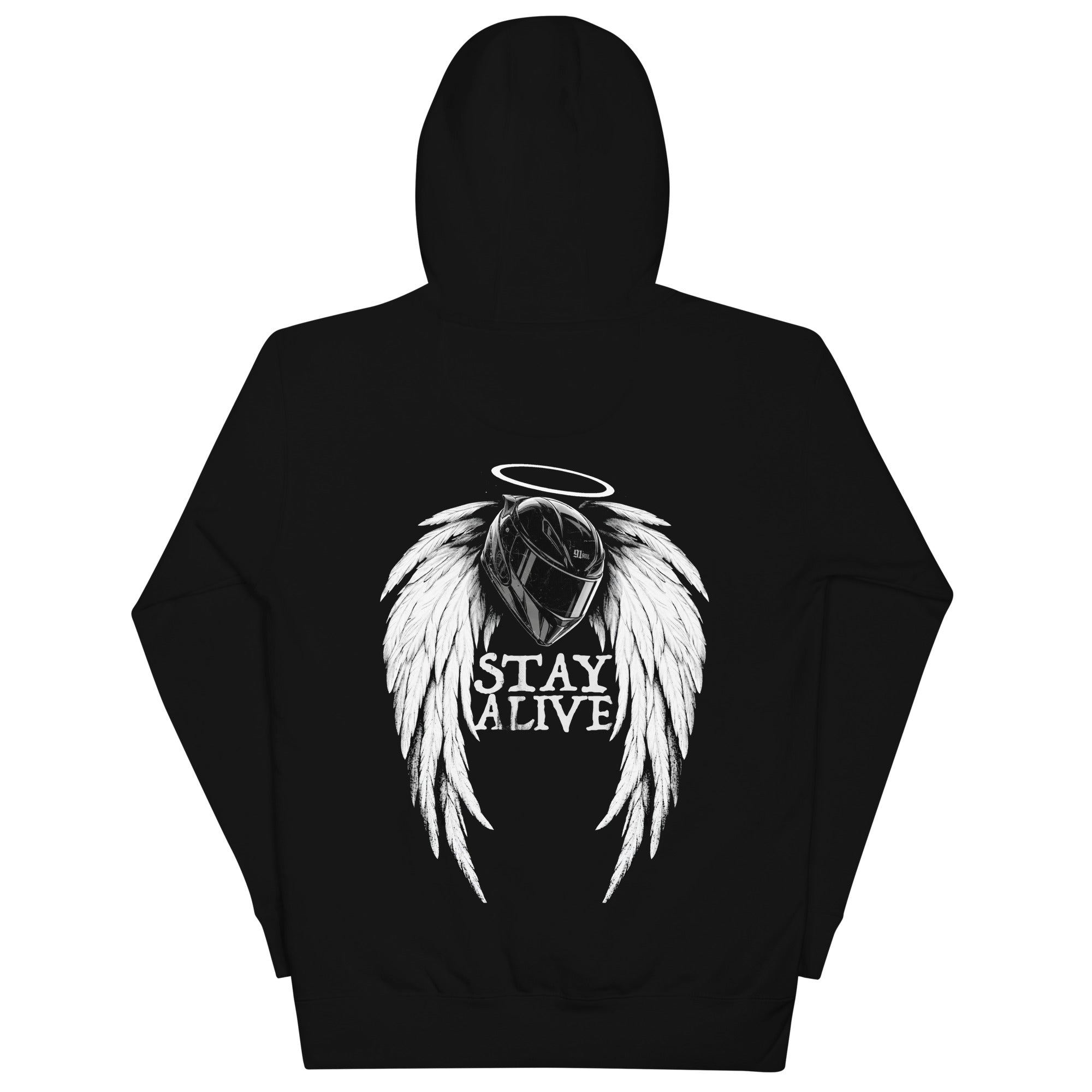 Back view of the STAY ALIVE HOODIE featuring angel wings and a halo design on a black background.