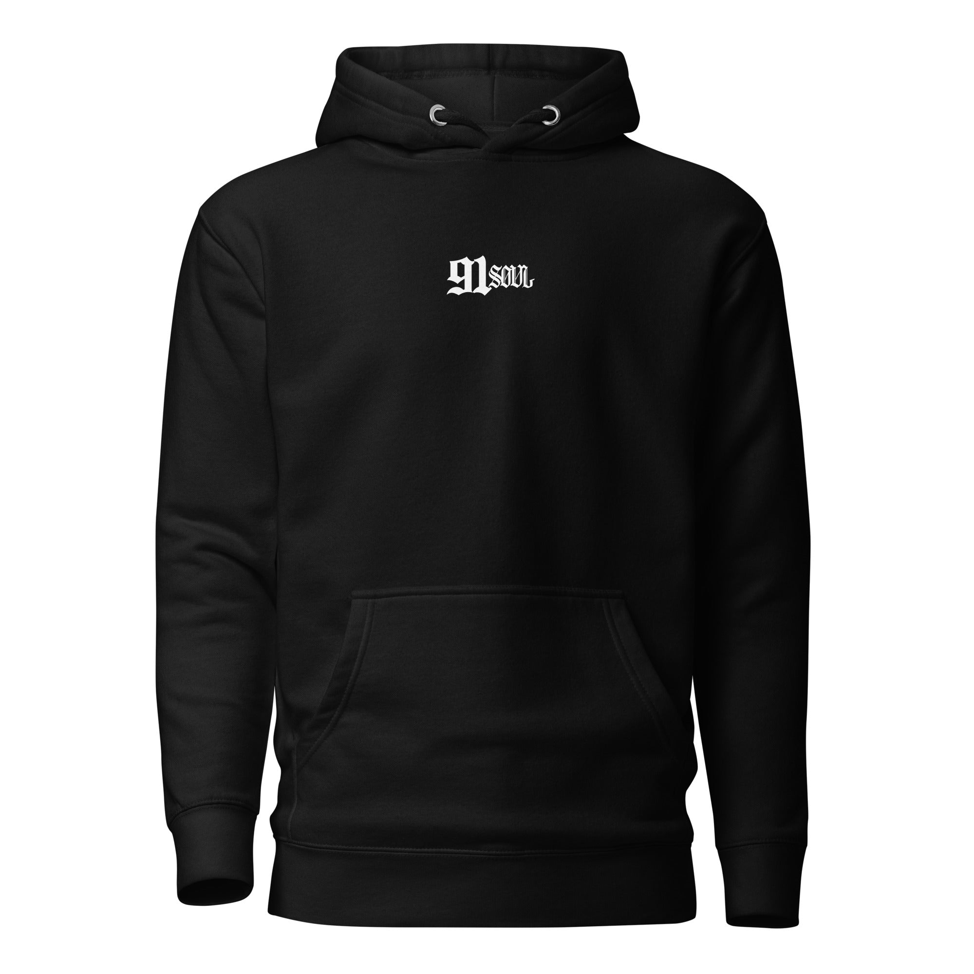 ALIVE HOODIE black 91SOUL Premium Heavyweight Hoodie with front pocket and logo.