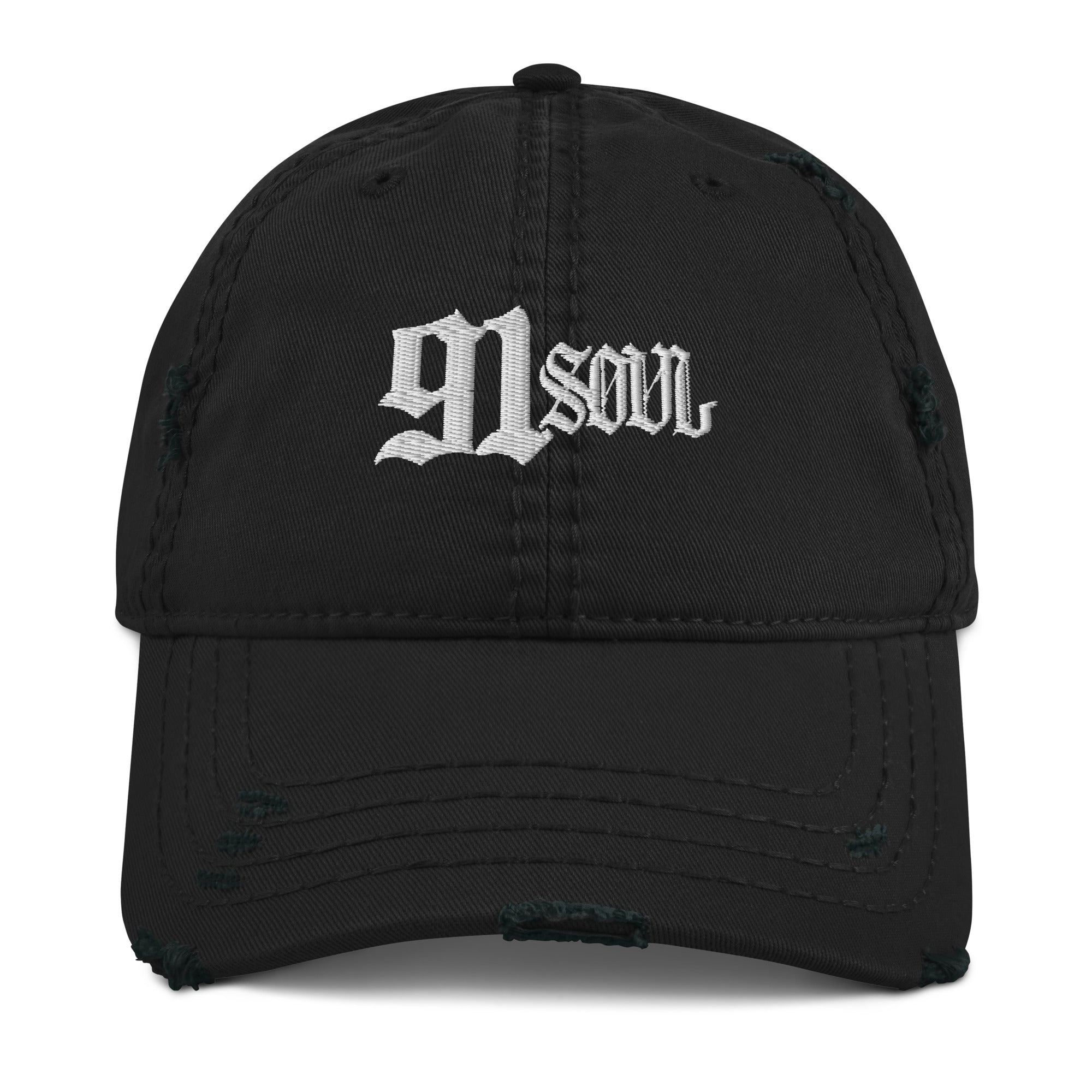 91 DAD HAT featuring a distressed brim and crown, perfect for casual outfits.
