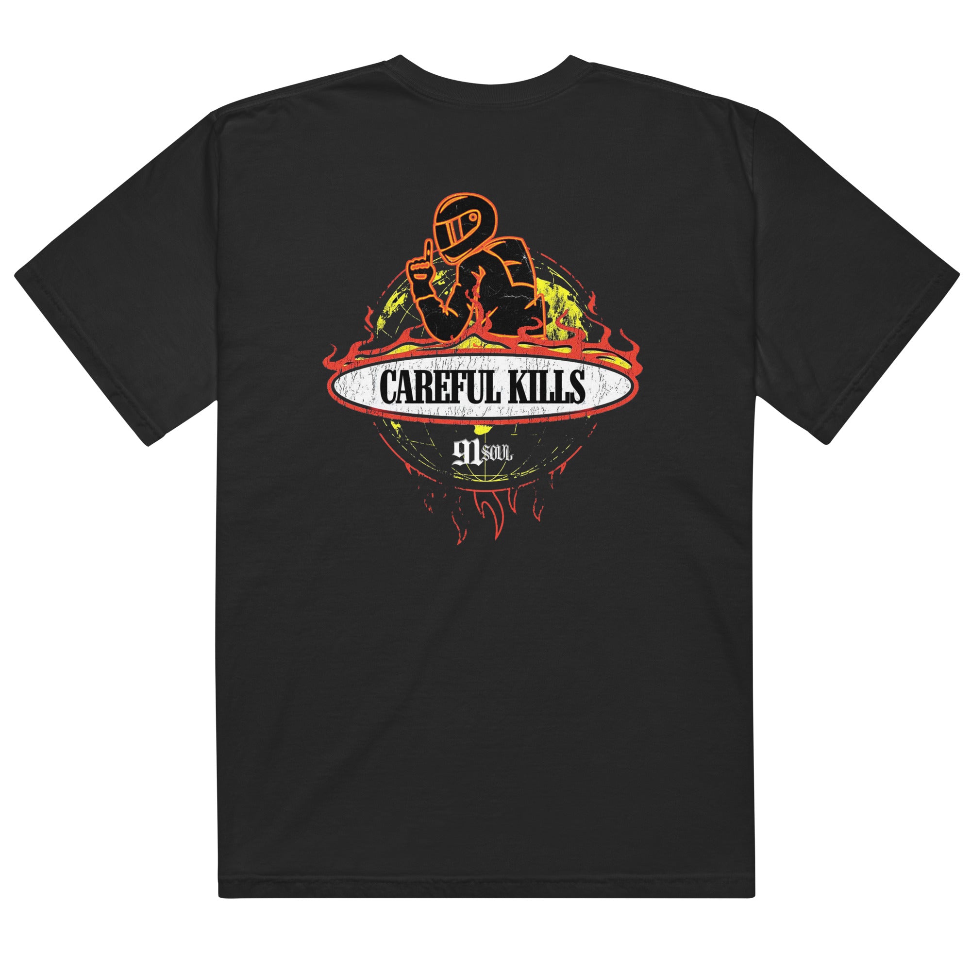 Unisex garment-dyed heavyweight t-shirt featuring a bold graphic with the words 'CAREFUL KILLS' on the back.