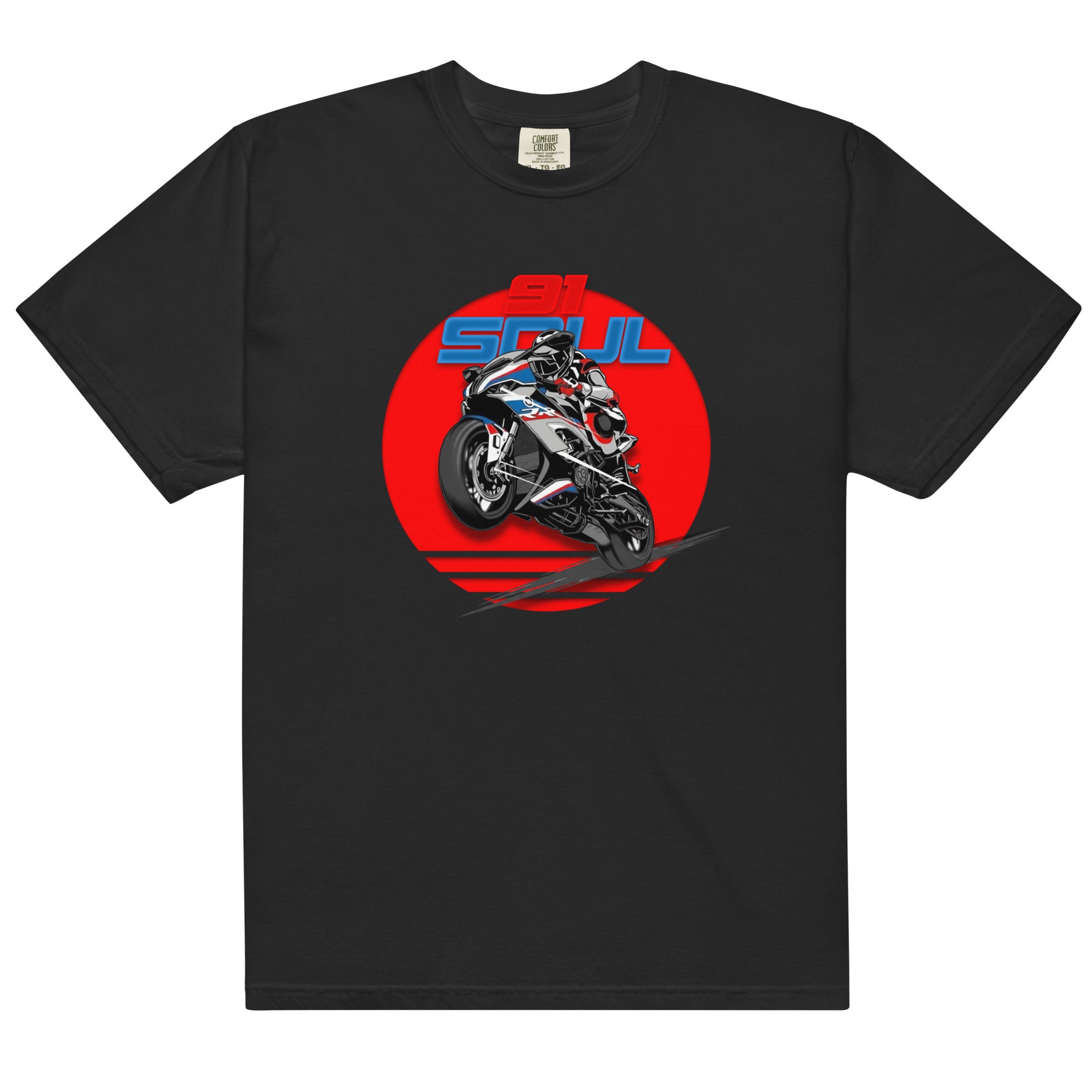 Unisex garment-dyed heavyweight t-shirt featuring a motorcycle graphic on a black background.