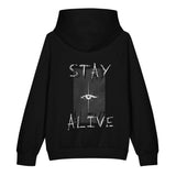 STAY ALIVE heavyweight hoodie in black, back view